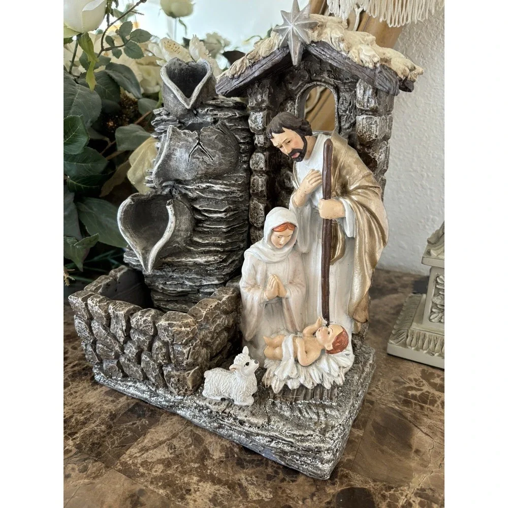 Rare Jesus Mary Joseph Nativity Water Fountain Manger Bethlehem Christian Sheep